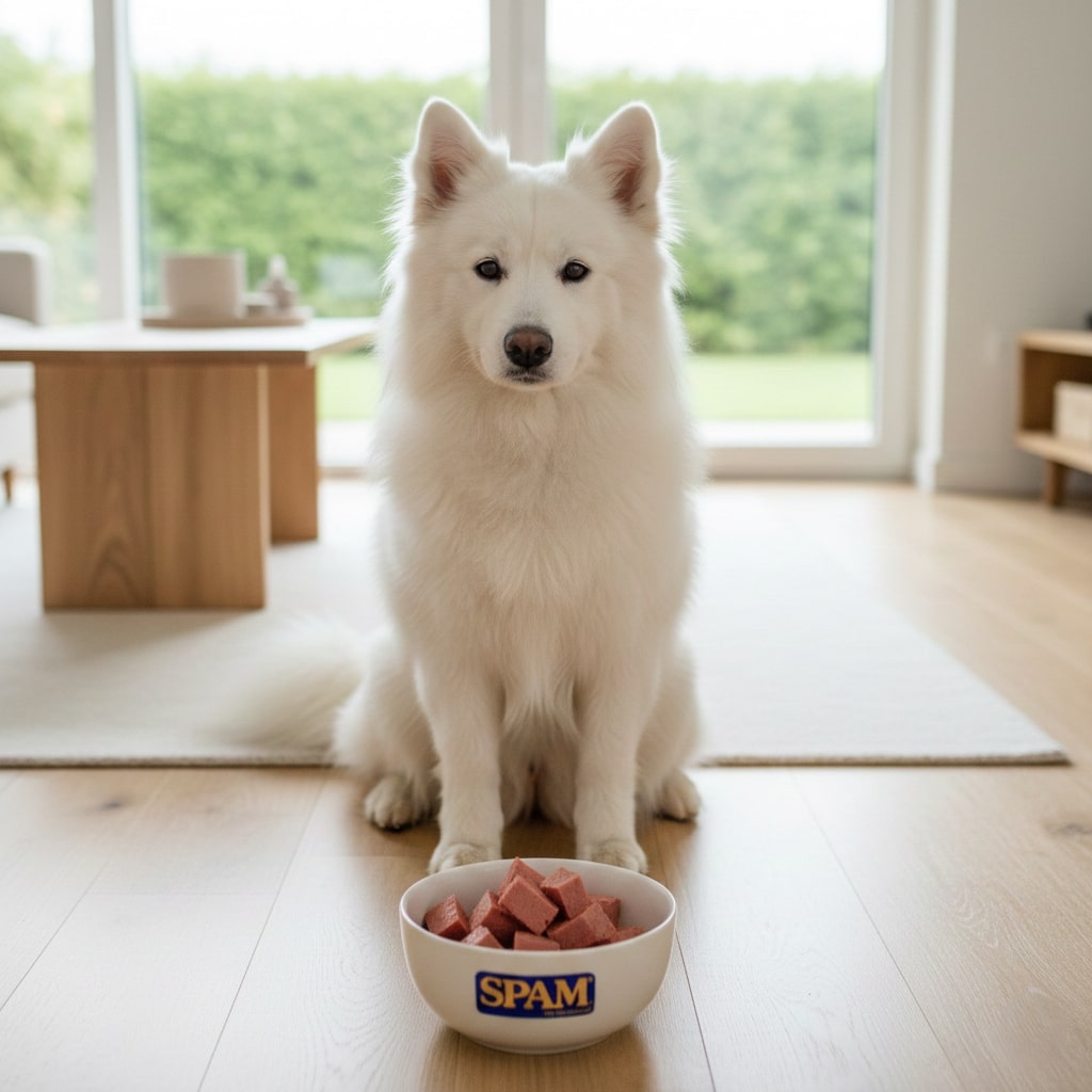image of a white dog sitting on floor and in front of him a ceramic white bowl of "spam" is placed