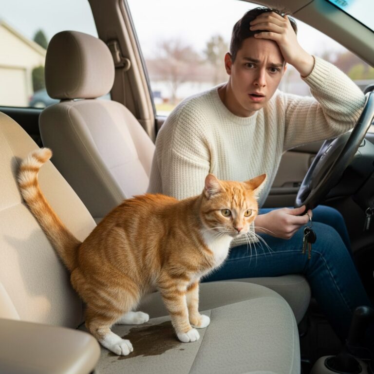 a ginger cat peeing on car seat and owner sitting beside her is worried