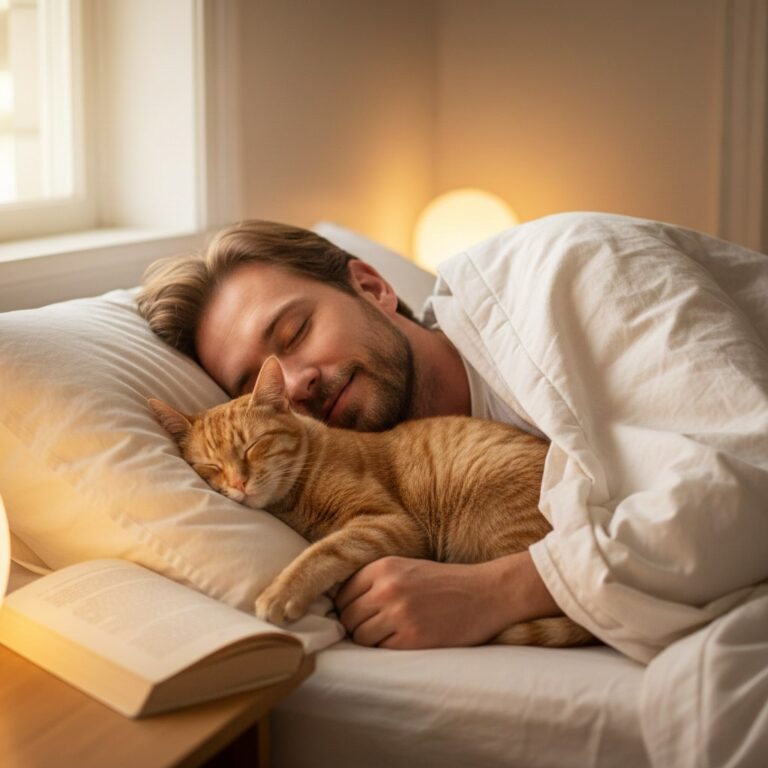 a ginger cat sleeping on a bed pillow and an owner (a man) sleeping beside her