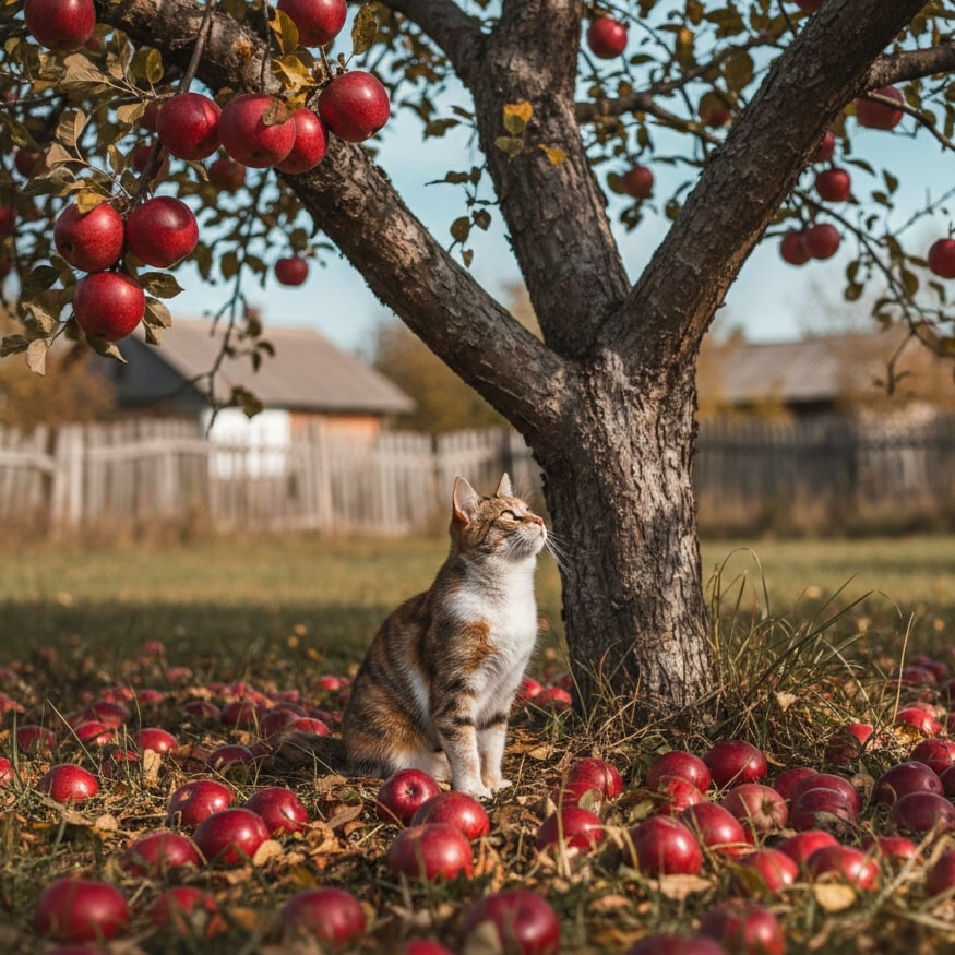 a home cat sitting under a tree of apple