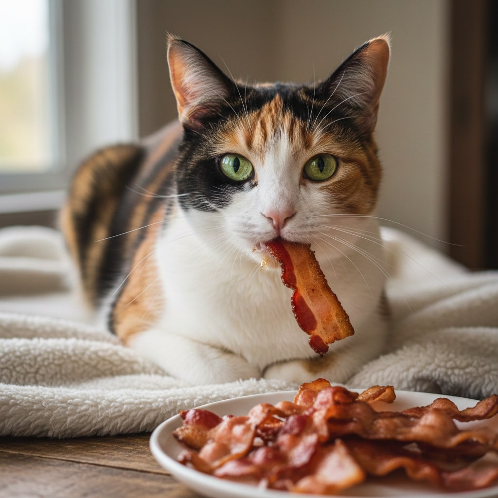 a mixed color cat sitting with bacon