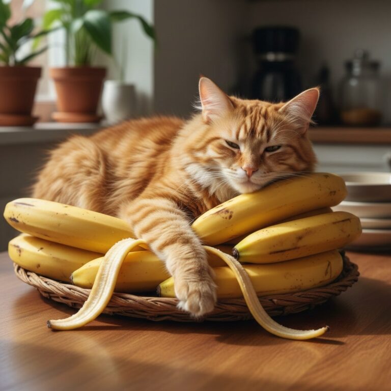 a home cat sitting on a pile of bananas