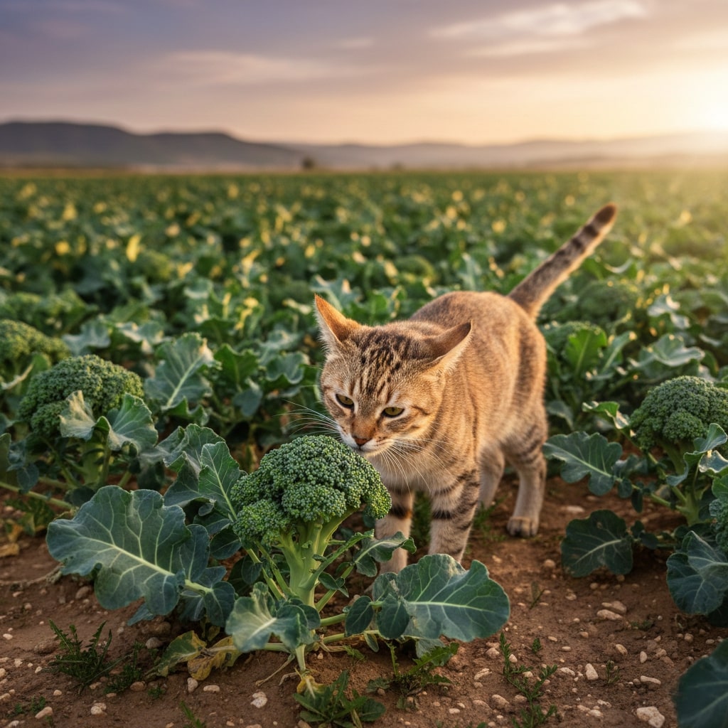 an arabic cat walking and sniffing broccoli in the field of broccoli