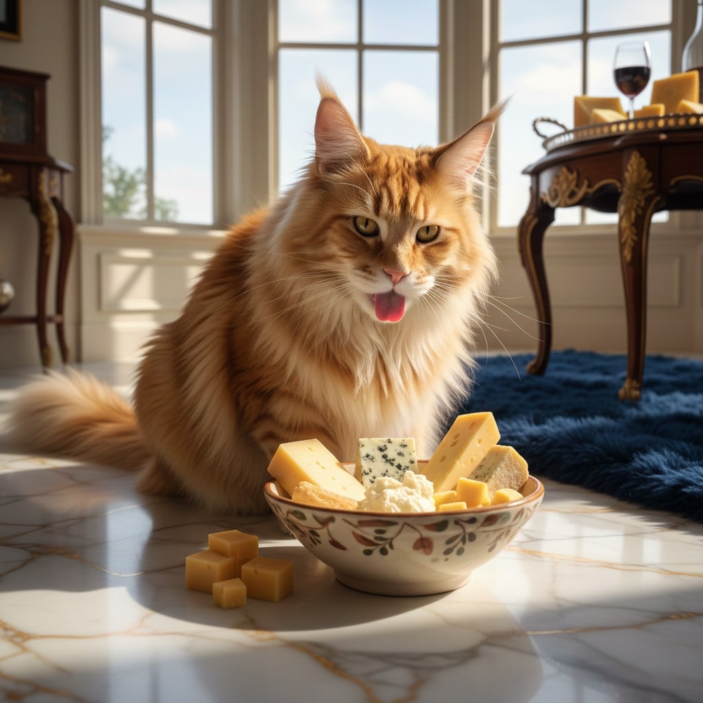 a maine coon cat sitting on luxury floor and licking cheese from a ceramic bowl full of cheese
