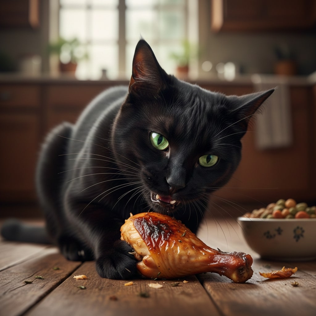 a black cat eating chicken
