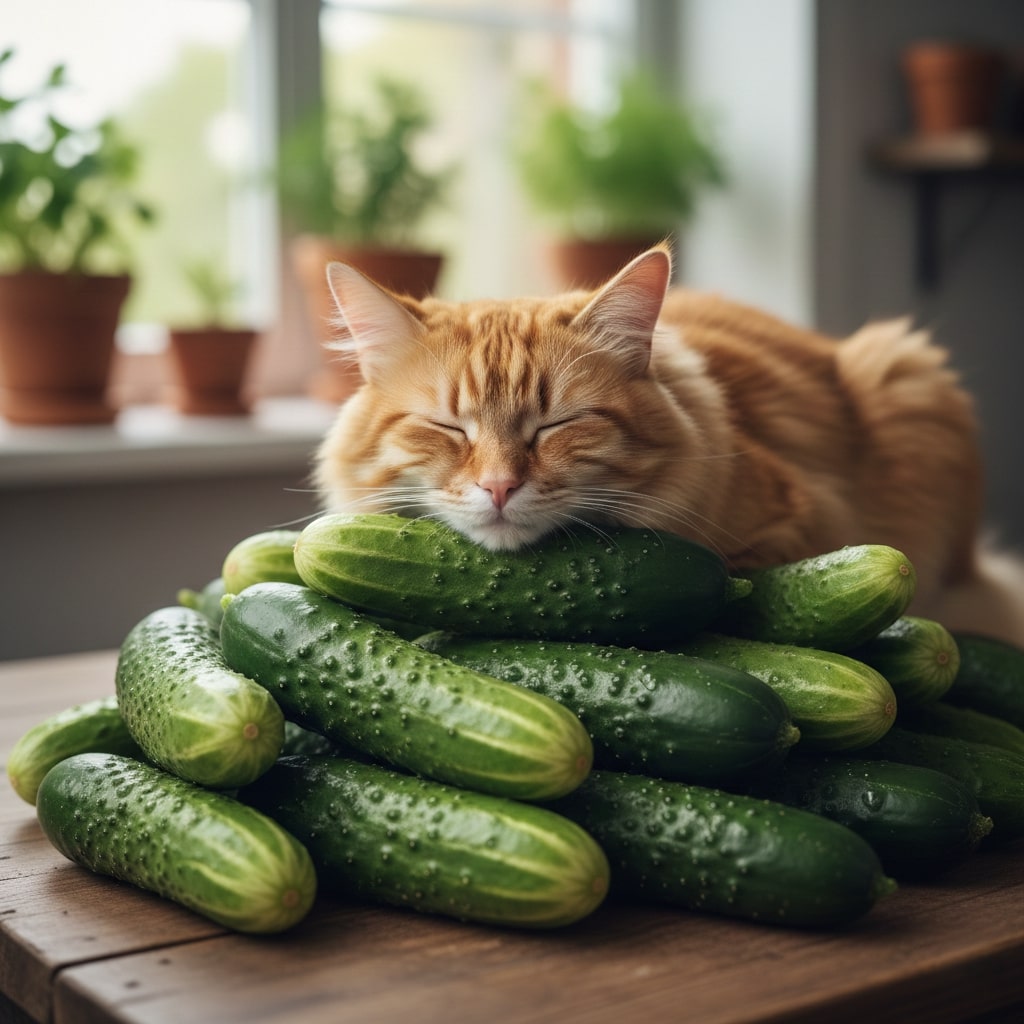 a cat sitting peacefully on a pile of cucumbers
