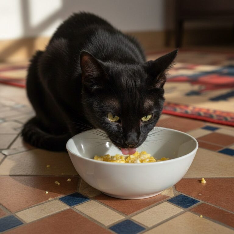 an arabic black cat eating eggs from a white ceramic bowl placed on floor