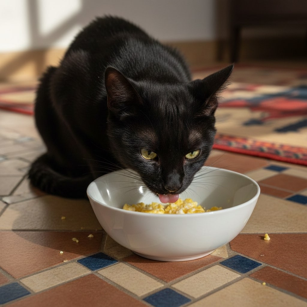 an arabic black cat eating eggs from a white ceramic bowl placed on floor