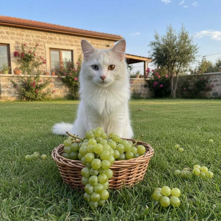Turkish cat sitting in a green yard with fresh Grapes in front of him in a basket