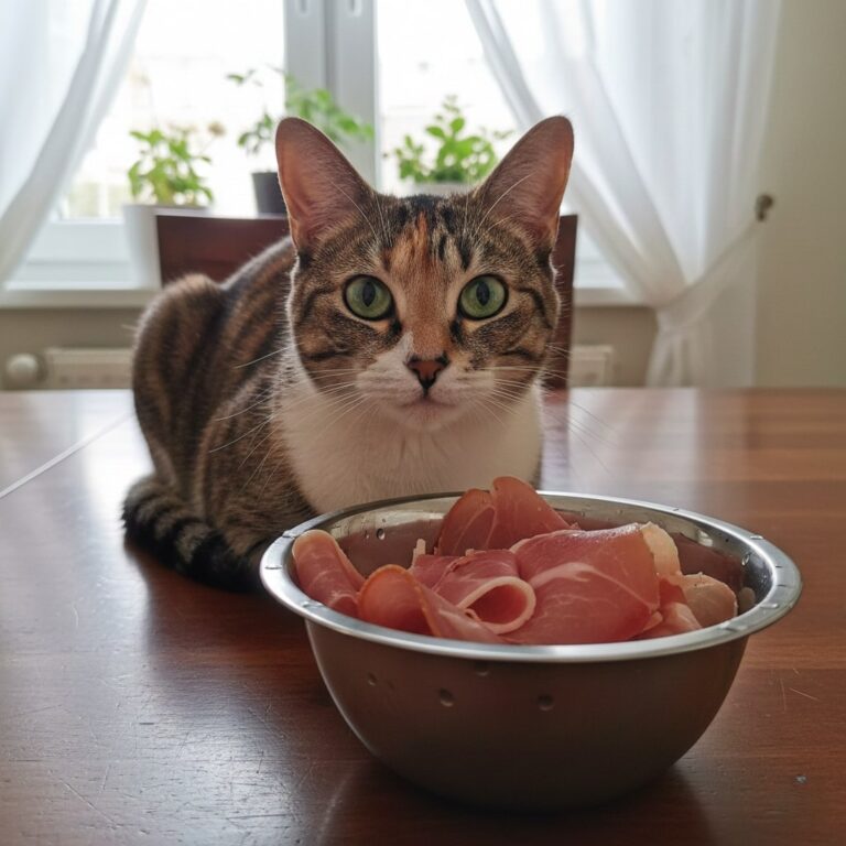 a home cat sitting on a table and a steel bowl full of Ham is placed in front of her