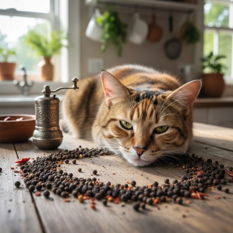 a cat sitting in on table and pepper is spreaded around her