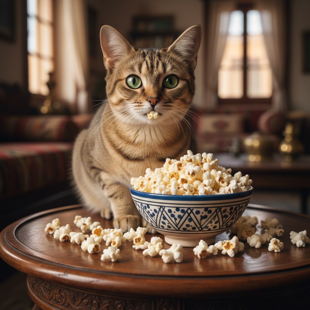 an arabic cat sitting on table and a ceramic bowl full of popcorn placed in front of her, and some popcorn spread at table