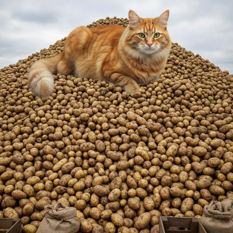 An orange cat sitting on a huge mound of potatoes