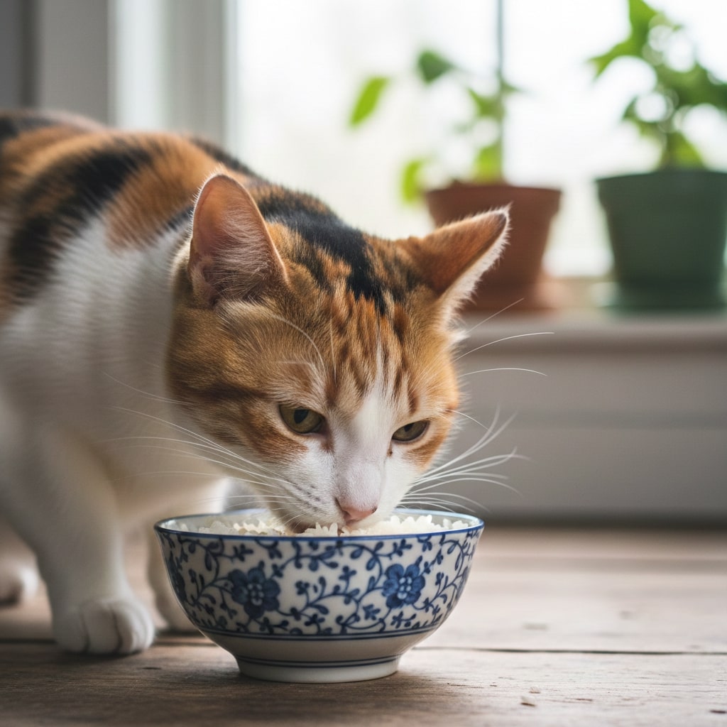 a mixed color cat eating rice from a bowl