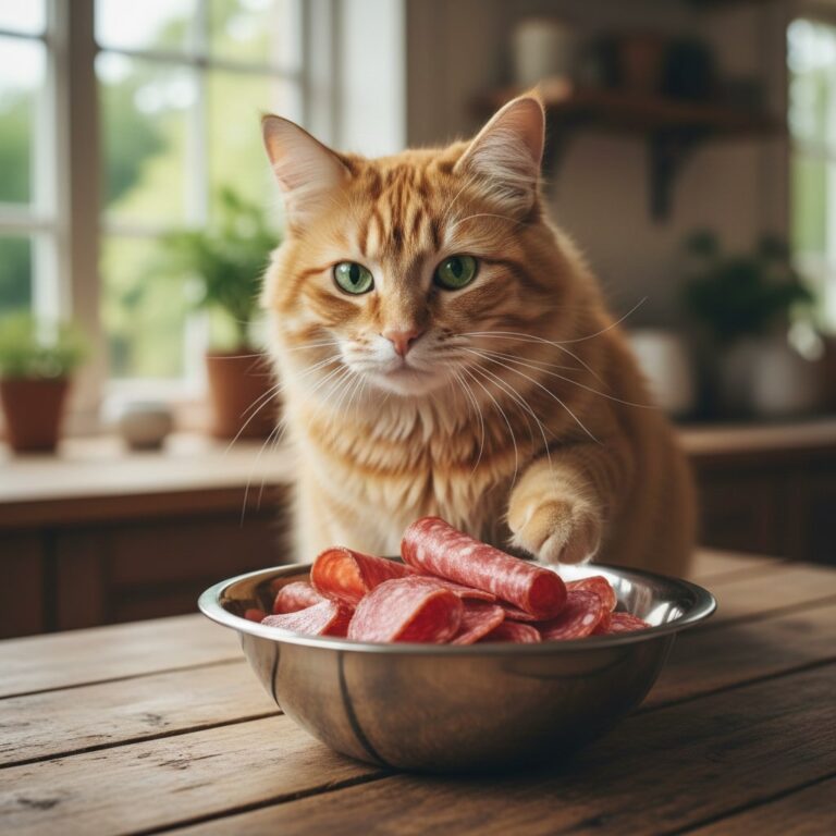a home cat sitting on table and steel bowl full of Salami is placed in front of her