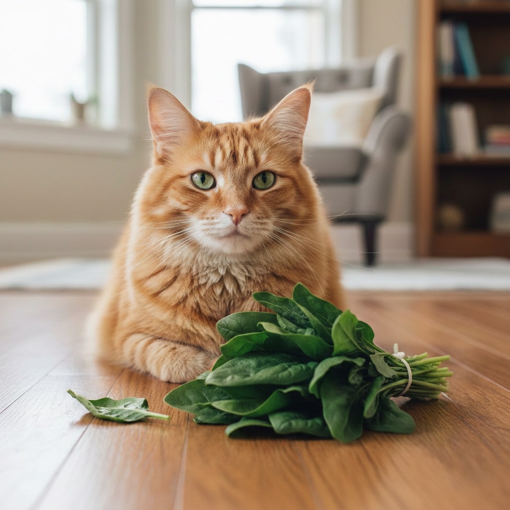 a cat sitting peacefully on floor and a bundle of spinach is placed in front of him
