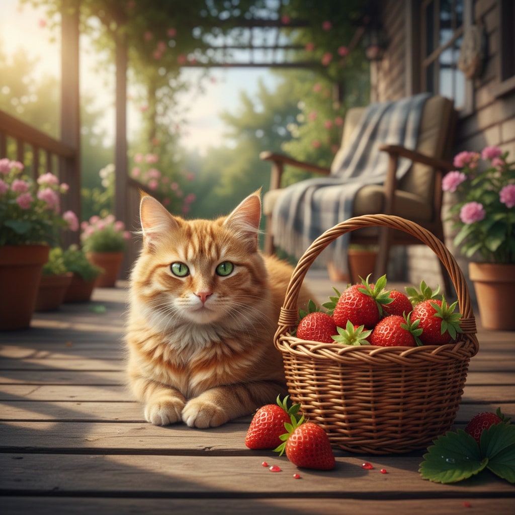 small cat sitting in porch with fresh Strawberries in front of him in basket
