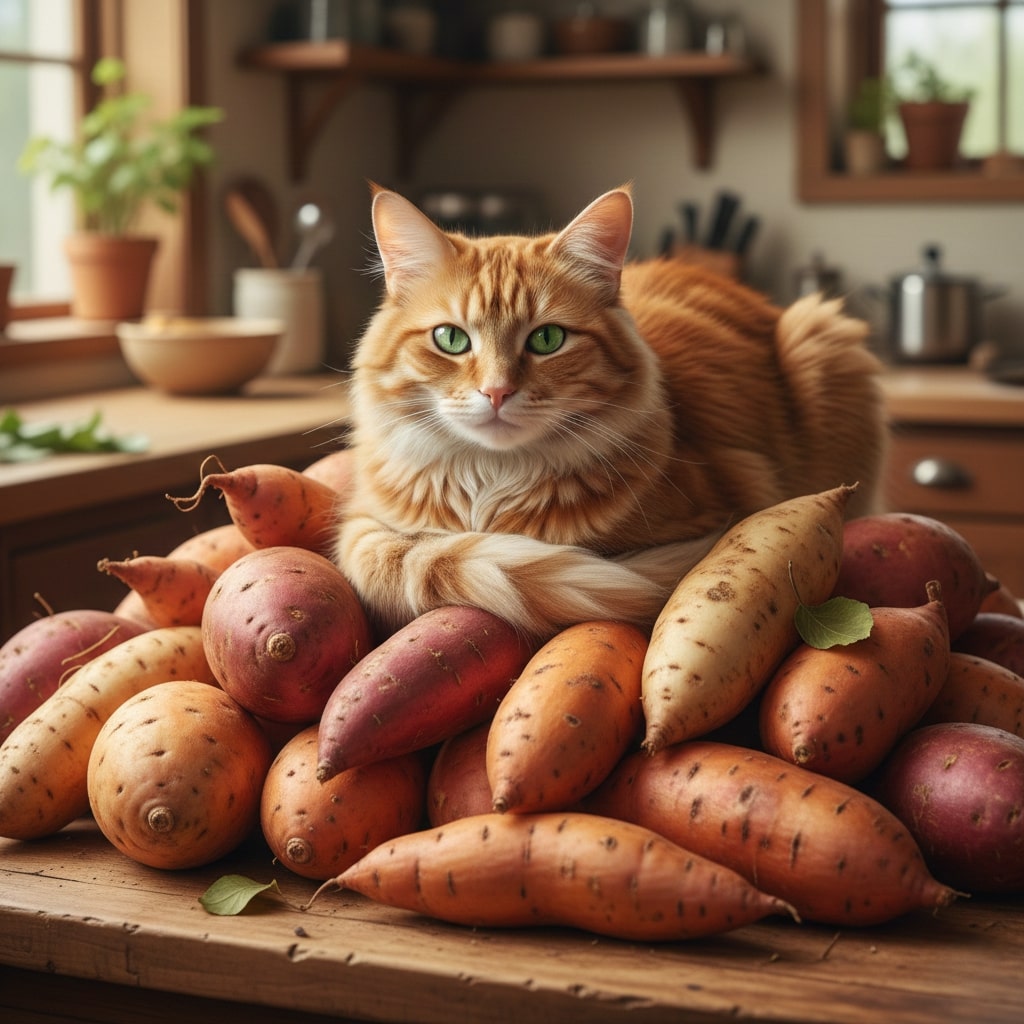 a cat sitting on a pile of sweet potatoes