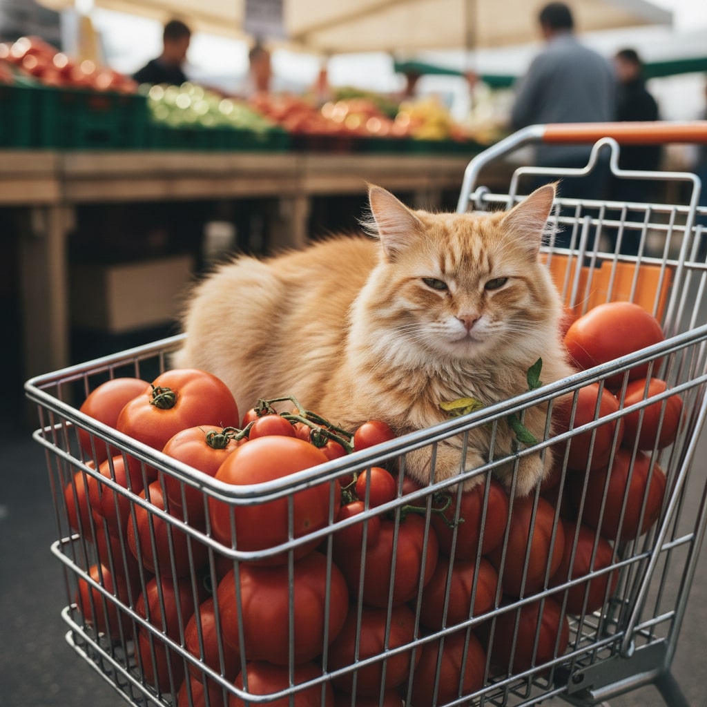 a cat sitting in a trolley full of tomatoes