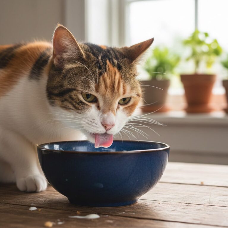 a mixed color cat eating yougurt from a blue cermaic bowl