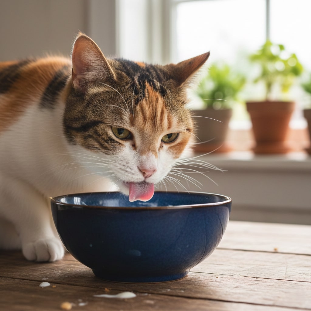 a mixed color cat eating yougurt from a blue cermaic bowl