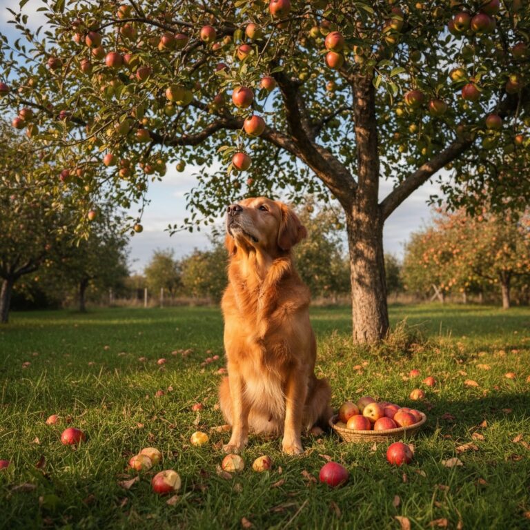 A dog is sitting under an apple tree, looking upward at the apples, with some apples placed around the dog