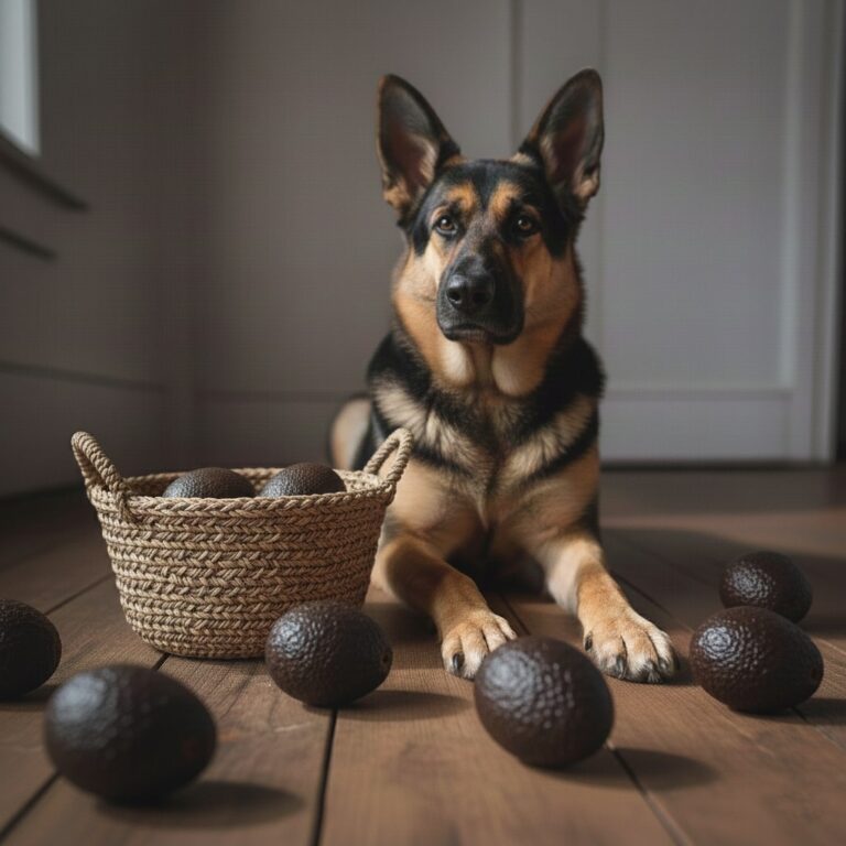 A German Shepherd sits on a wooden floor next to a woven basket of avocados