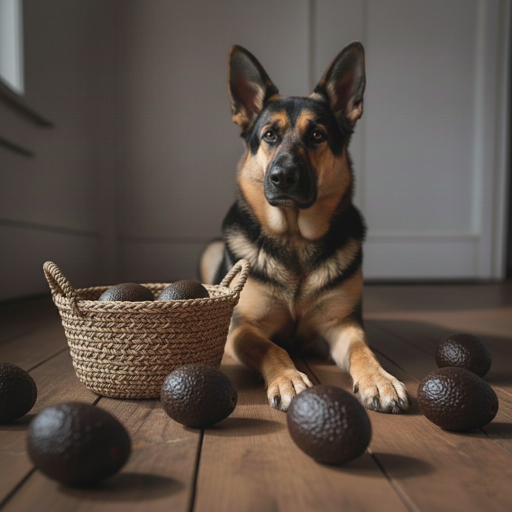 A German Shepherd sits on a wooden floor next to a woven basket of avocados