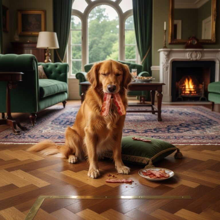 A dog sitting on luxury floor and eating Bacon.