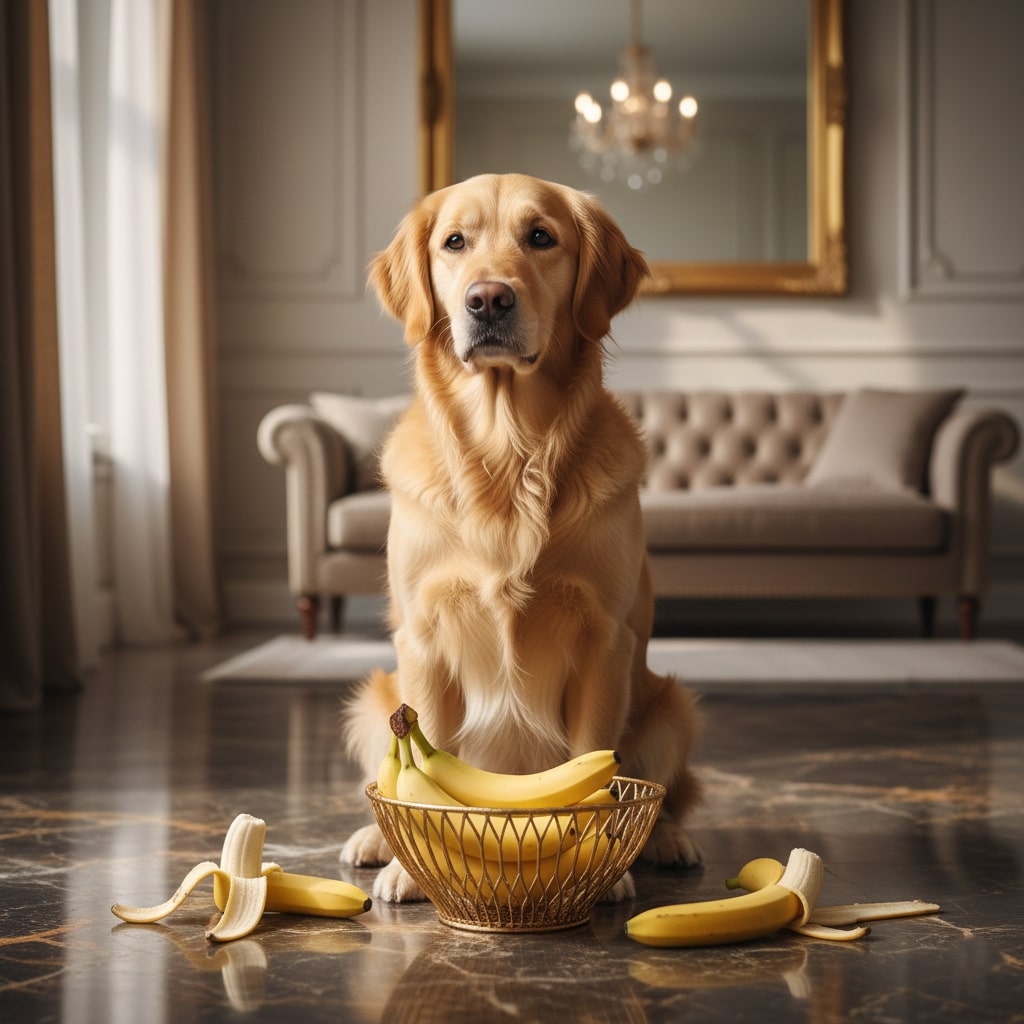 A dog siting on luxury floor and a basket of bananas placed in front of him
