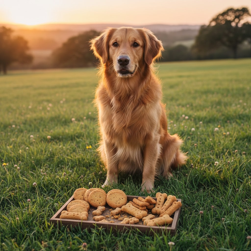 A dog sitting grassy ground and Biscuits placed in front of him