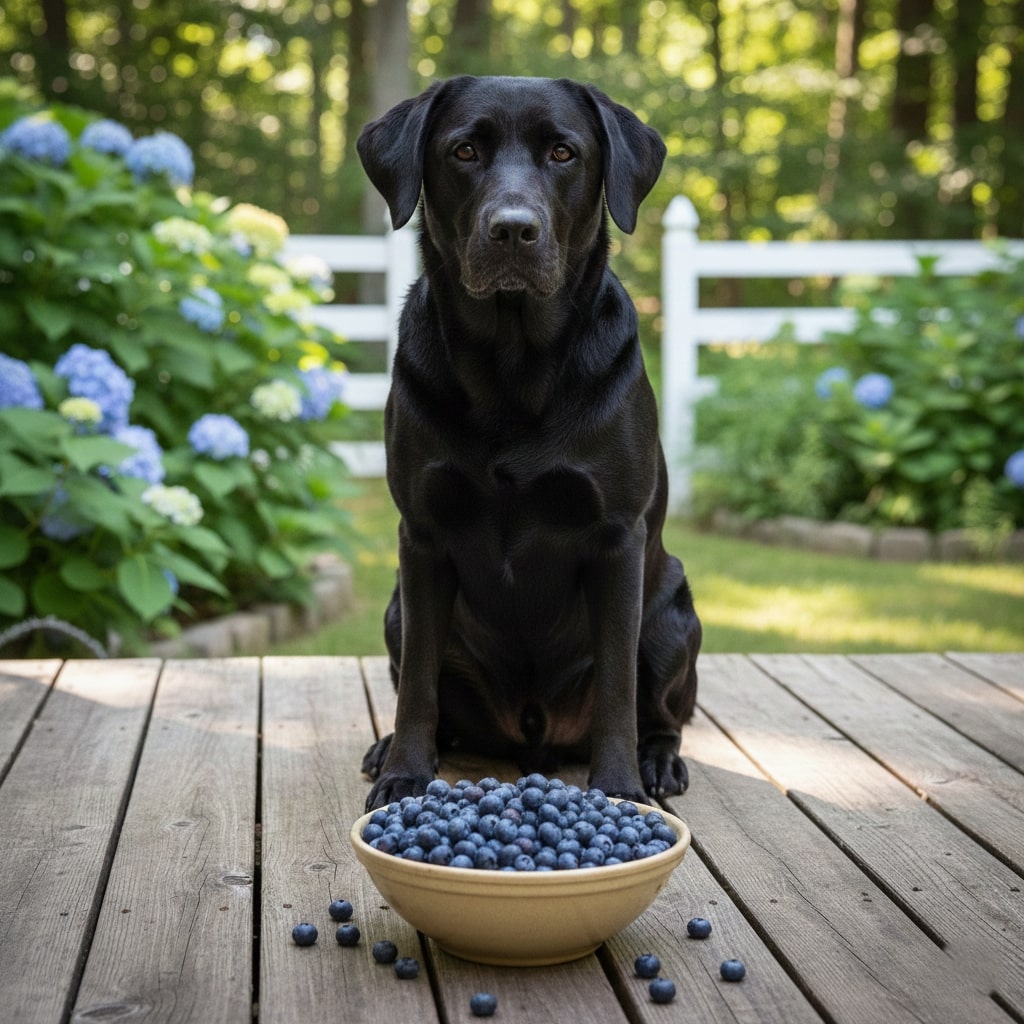 A black dog sitting on a wooden porch and a big bowl of Blueberries placed in frond of him