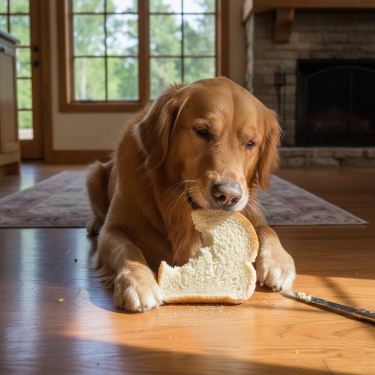 A Golden Retrievers dog sitting on floor and eating slice of Bread