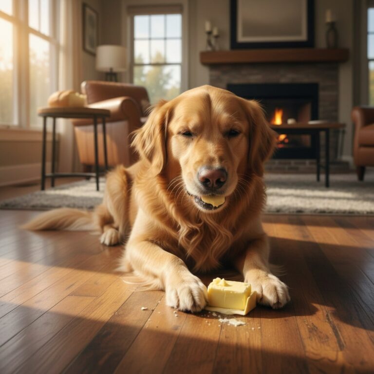 a dog sitting on floor and eating butter