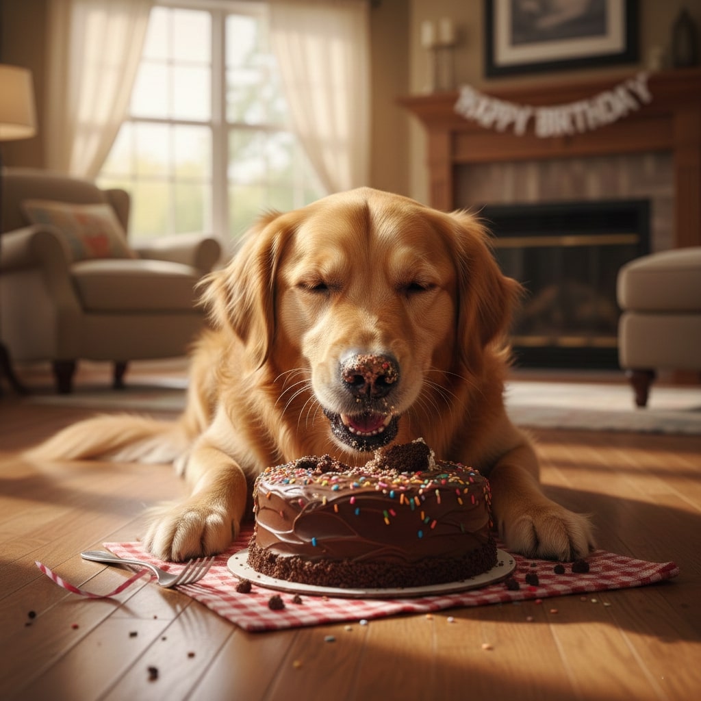 A dog sitting on floor and eating Cake