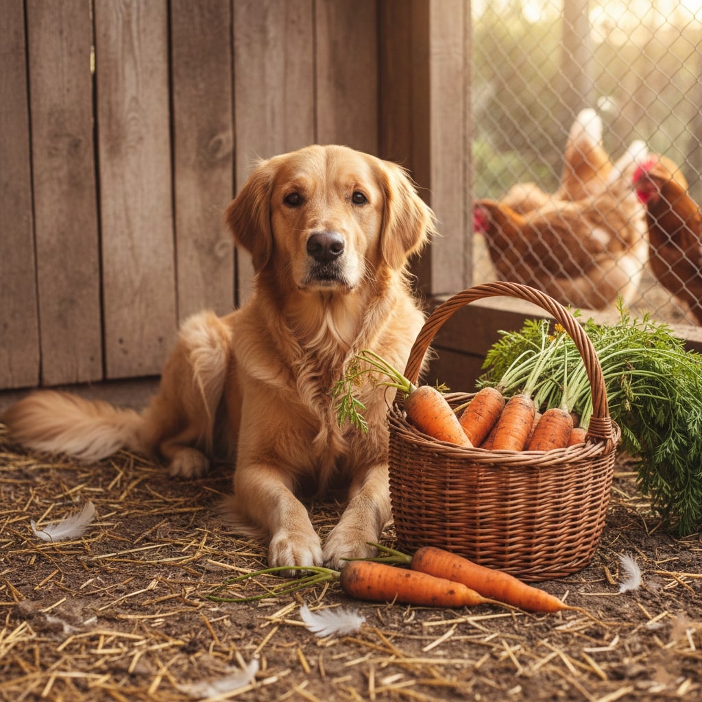 A dog siting on floor and a basket of carrots placed in front of him