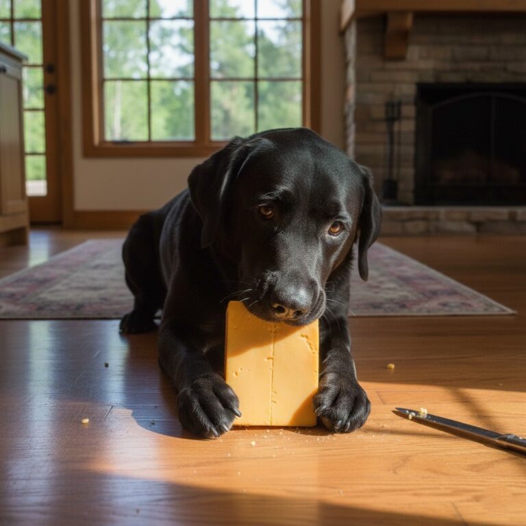 A black dog sitting on floor and Eating Cheese