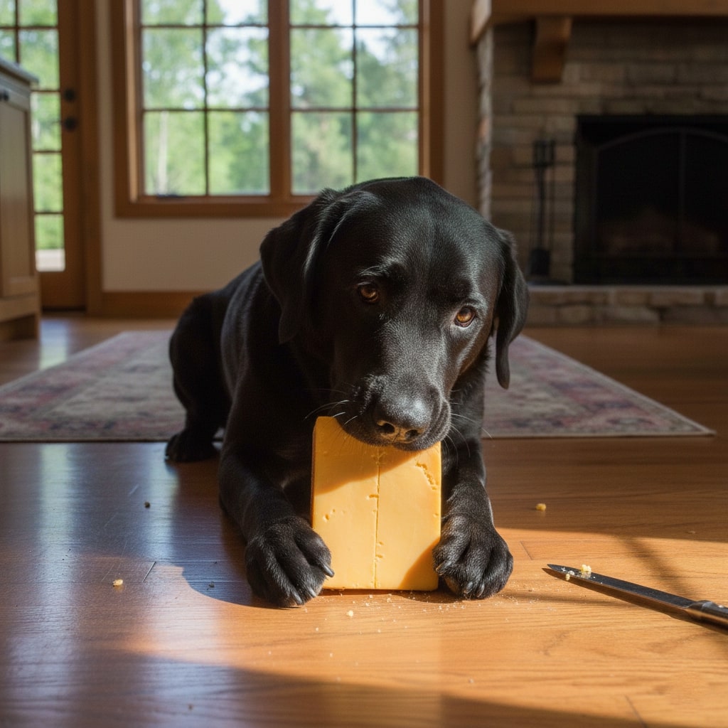 A black dog sitting on floor and Eating Cheese