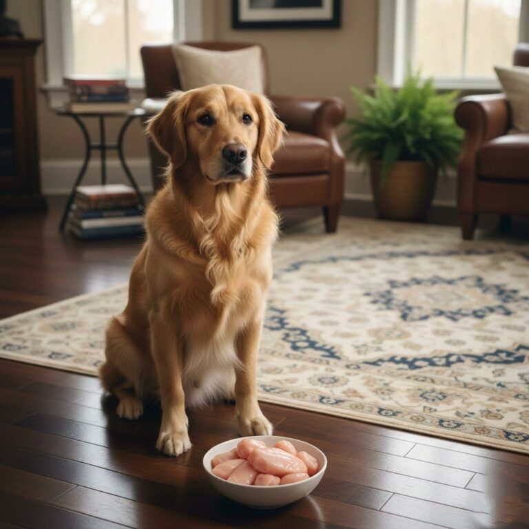 A dog sitting on luxury floor and a white ceramic bowl of raw chicken placed in front of him.