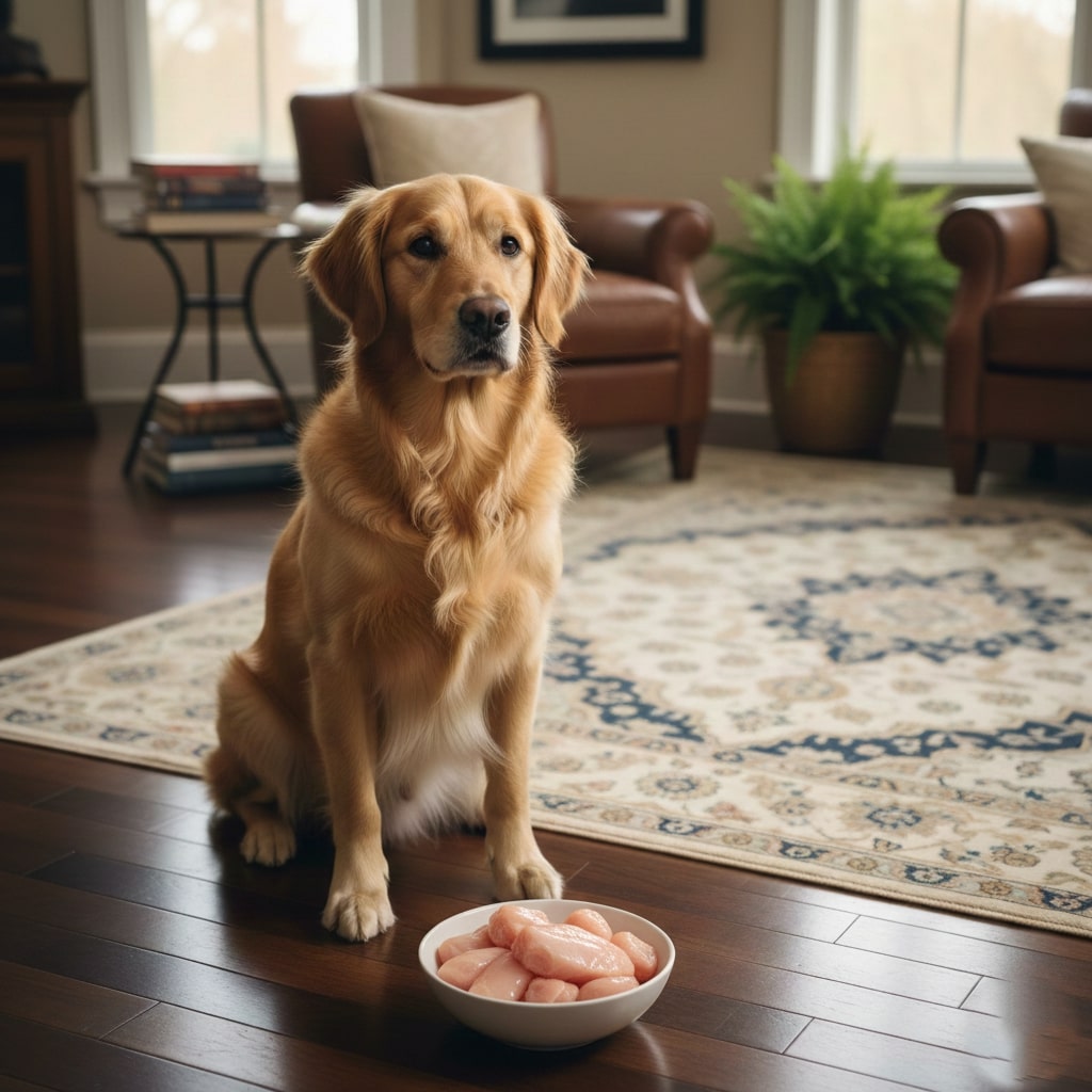A dog sitting on luxury floor and a white ceramic bowl of raw chicken placed in front of him.