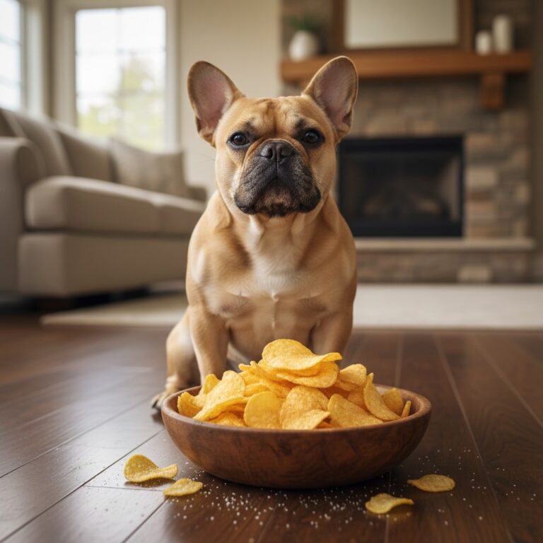 A French Bulldog dog sitting floor and Chips placed in front of him