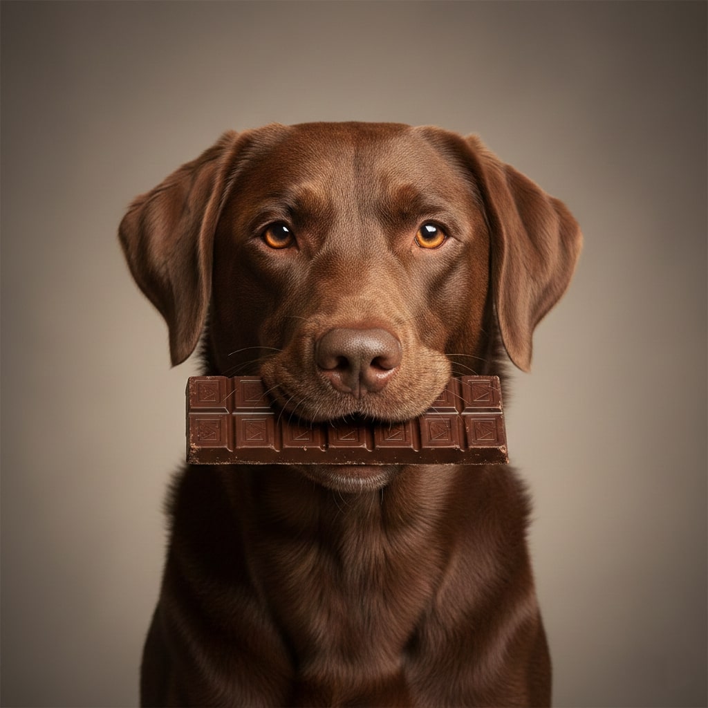 A dog holding a chocolate bar in its mouth