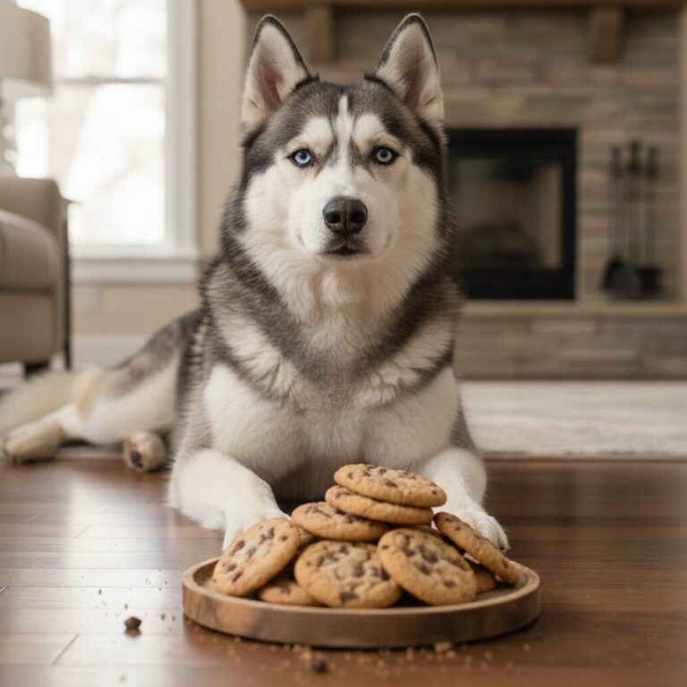 A Siberian Husky dog sitting floor and Cookies placed in front of him
