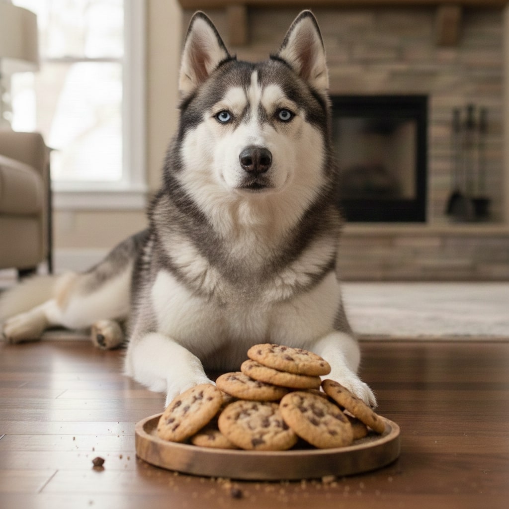 A Siberian Husky dog sitting floor and Cookies placed in front of him