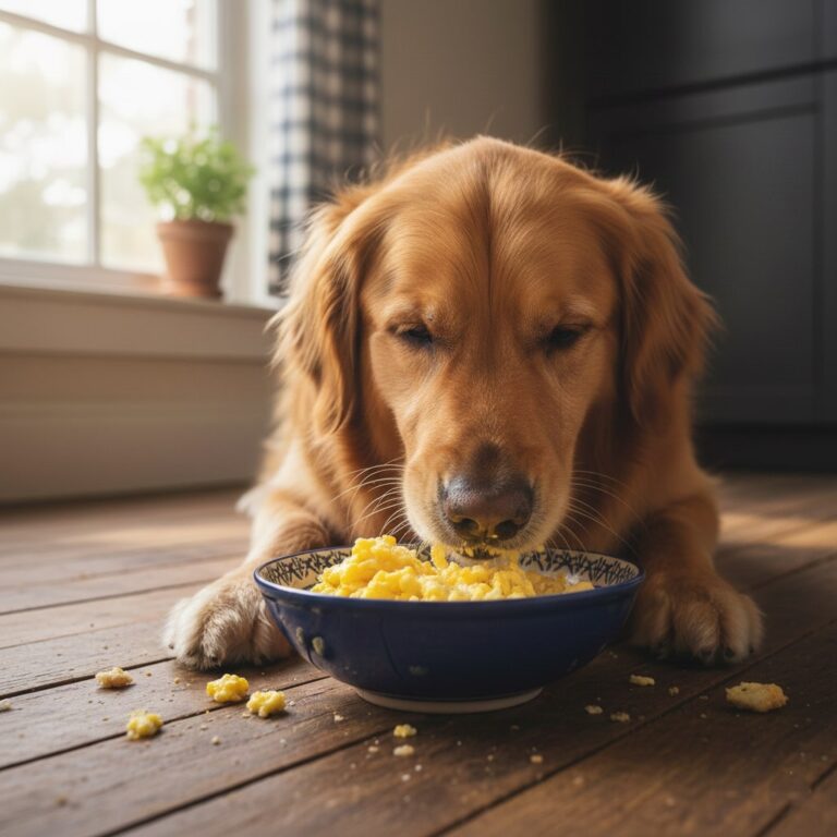 A dog sitting on floor and eating a bowl of eggs
