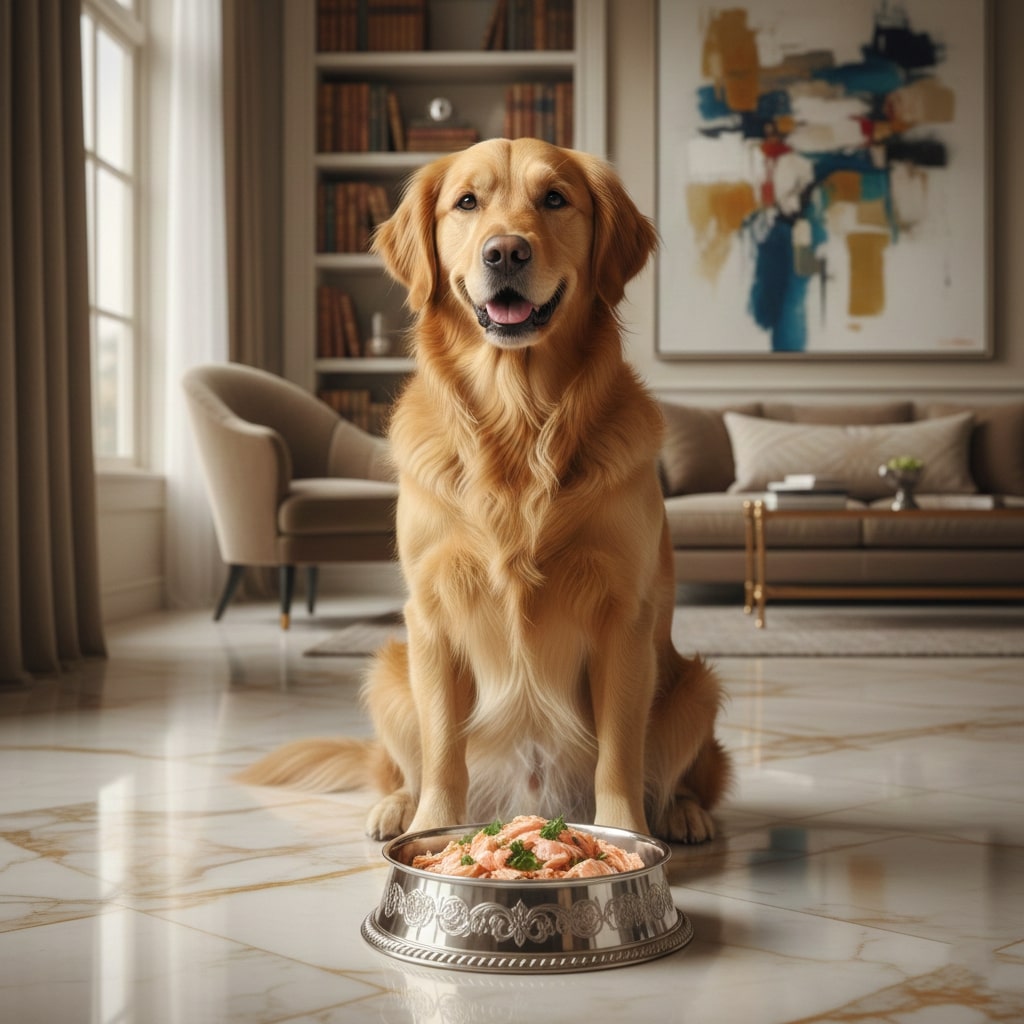 A dog sitting on luxury floor and a bowl of fish placed in front of him