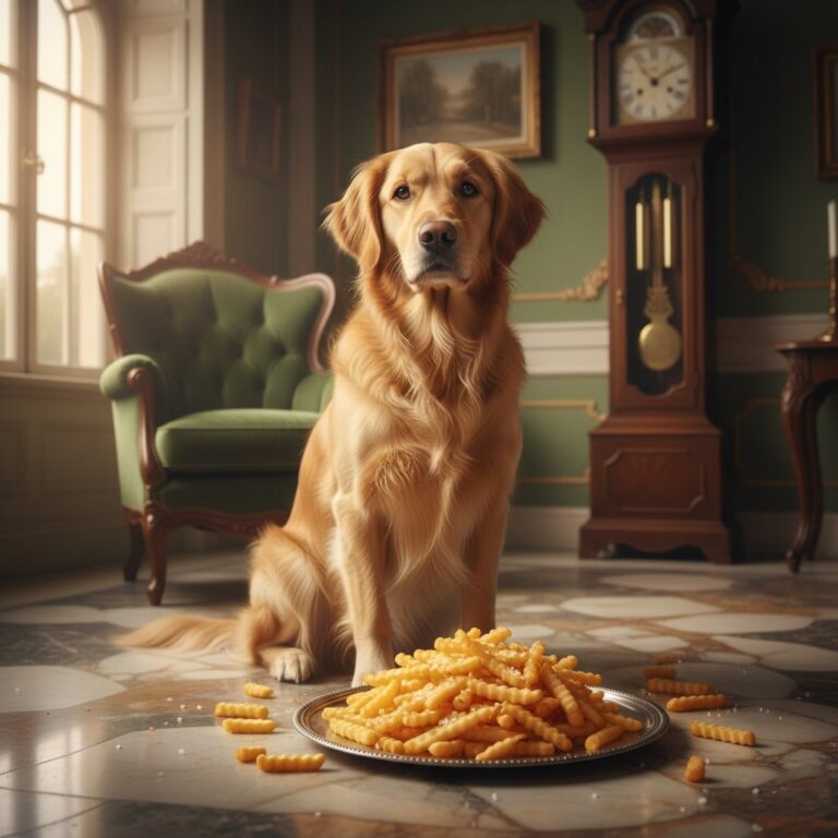 A dog sitting on luxury floor and French Fries placed in front of him