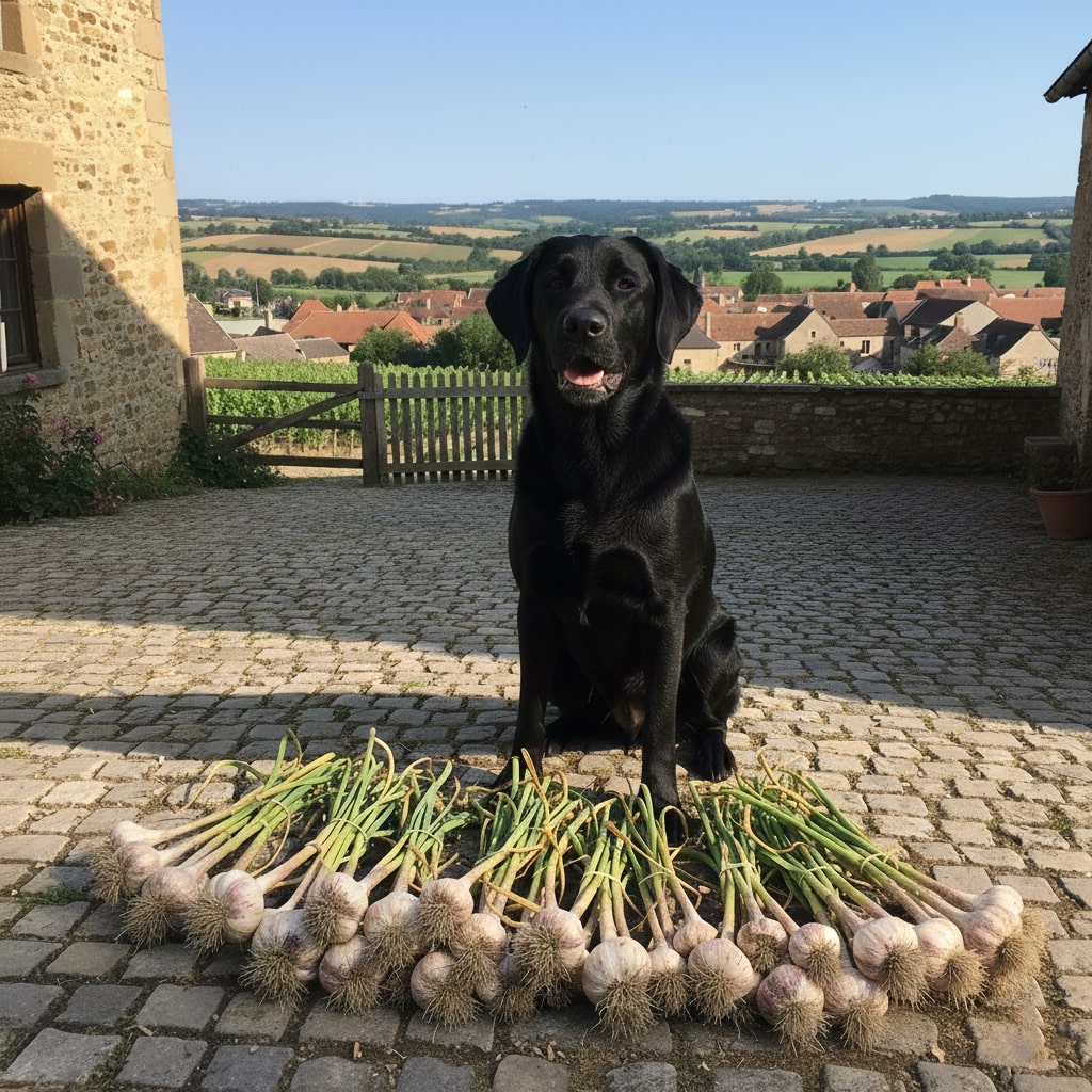 A black dog is sitting along with bundles garlic placed in front of him