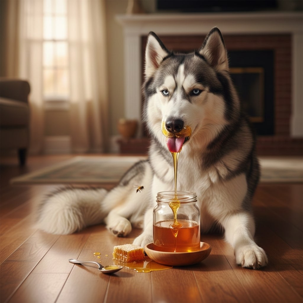 A Siberian Husky dog sitting on floor and eating Honey.