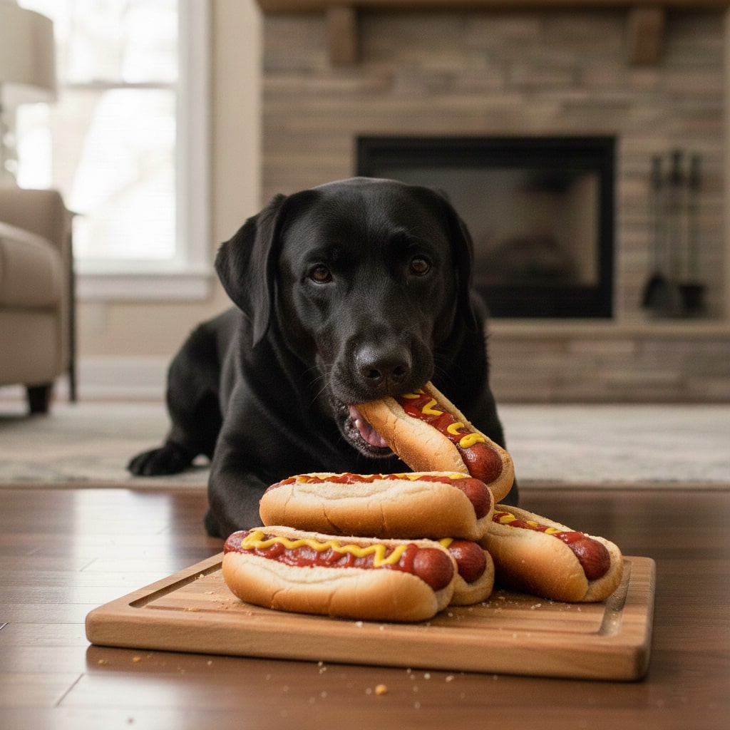 A dog sitting on a floor and eating Hot Dogs